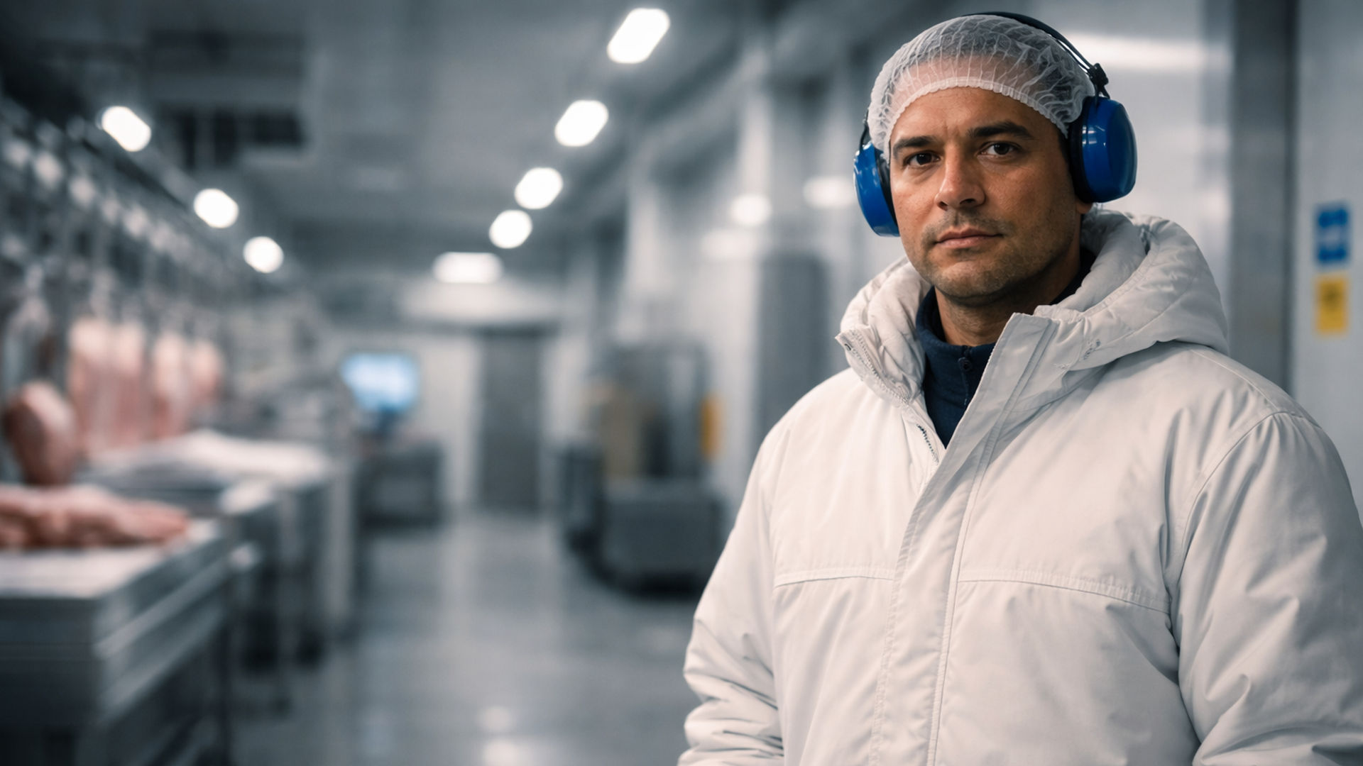 Trabalhador de frigorífico em ambiente industrial refrigerado