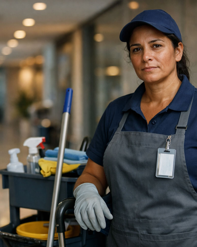 Trabalhador de limpeza e serviços terceirizados em ambiente profissional